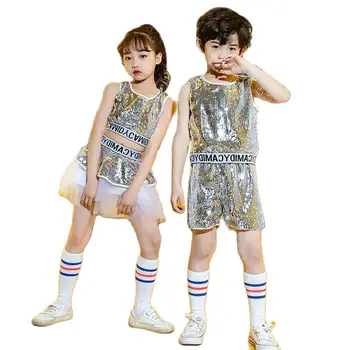 Комплект детской одежды для современных джазовых танцев для девочек и мальчиков, платье для чирлидерши с блестками, детские танцевальные костюмы для соревнований в стиле хип-хоп