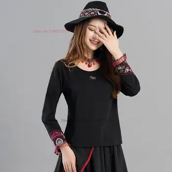 2024 китайская национальная цветочная вышивка, рубашка с круглым вырезом, винтажная женская этническая свободная футболка harajuku, восточная базовая рубашка, топы hanfu