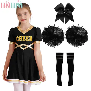 Детский костюм чирлидерши для девочек, вечеринка на Хэллоуин, День рождения, косплей, школьницы, платья для чирлидерши, наряд с помпонами