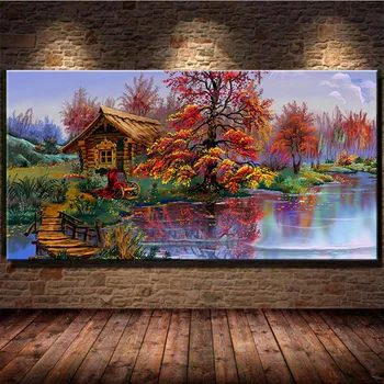 5D DIY Алмазная картина Осенний дом Озерный пейзаж Вышивка крестиком Мозаика Алмазная Вышивка Горный хрусталь Комплект искусства домашнего декора