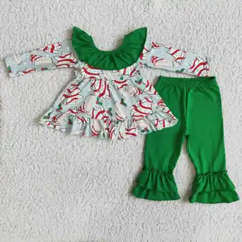 Рекламная весенне-осенняя одежда для маленьких девочек, топ и брюки с зеленым бантом в виде елки, комплект для рождественского торта, детская одежда