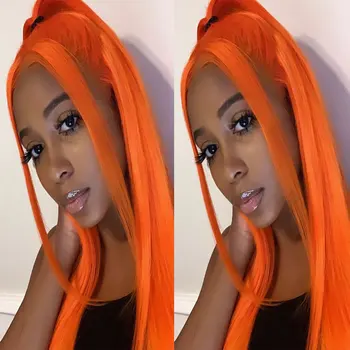 Потрясающие Оранжевые прямые синтетические парики на кружеве 13X4 без клея из высококачественного термостойкого волокна, предварительно выщипанные для белых женщин