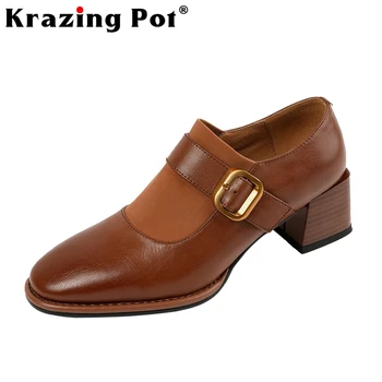 Krazing Pot Большой размер 42 Натуральная кожа Круглый носок Средний каблук Современная обувь с пряжкой на ремне Шикарные восточные туфли-лодочки без застежки