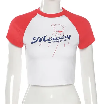 Летняя мода 90-х, лоскутный топ с буквенным принтом, женская милая футболка с круглым вырезом и короткими рукавами, уличная футболка в рубчик, одежда Y2K