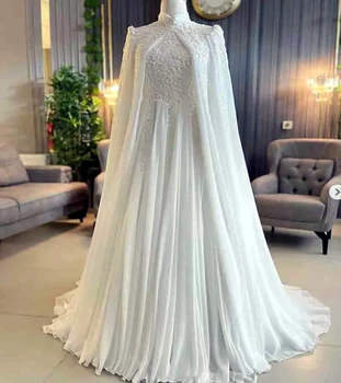Элегантные Арабские мусульманские белые свадебные платья для женщин с высоким воротом и длинными рукавами, шифоновые платья для невесты трапециевидной формы с запахом