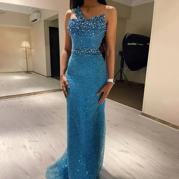 Flavinke Luxury Dubai Бирюзово-голубые Вечерние платья Русалки для женщин с одним плечом для арабских официальных вечеринок vestidos de noche