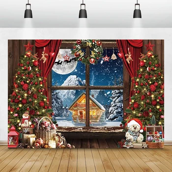 С Рождеством, Баннеры с Луной, Фон для фотографии, 7x5 футов, Зимнее окно Санта-Клауса, Снежная вечеринка, Украшения для стен дома, Рождество