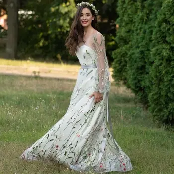 Свадебное платье в цветочек, свадебное платье с длинным рукавом, белые свадебные платья, богемные осенние вечерние платья в пол на подкладке.