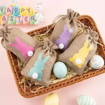 Универсальные высококачественные мешочки для конфет с милым пасхальным кроликом из мешковины с завязками, льняные сумки для хранения кролика для подарка на Пасху