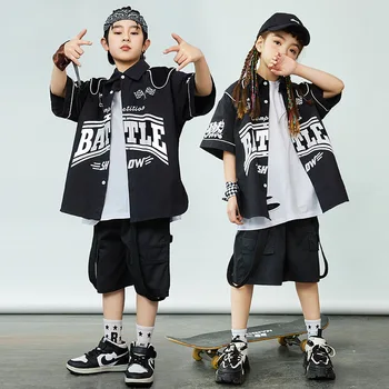 Детская одежда в стиле хип-хоп, черная рубашка с коротким рукавом и буквенным принтом, повседневные летние шорты для девочек и мальчиков, комплект одежды для джазовых танцев