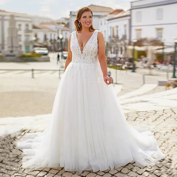 Сексуальное платье без рукавов с V-образным вырезом, корсет большого размера, свадебное платье с аппликацией Vestido De Noiva