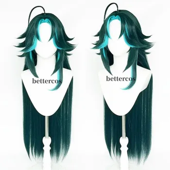 Женская версия Косплей-парика Genshin Impact Xiao Длинные Прямые Темно-зеленые Термостойкие Парики из синтетических волос + Шапочка для парика