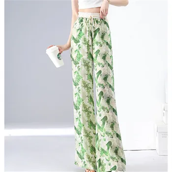 Женские шифоновые брюки Ice Silk с высокой талией, летние тонкие Новые модные повседневные свободные брюки в цветочек, женские широкие брюки