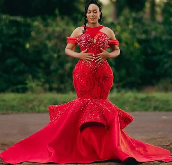 Красные вечерние платья Aso Ebi в африканском стиле, Русалка, кружевное вечернее платье с бисером, вечерние платья для выпускного вечера для чернокожих девушек