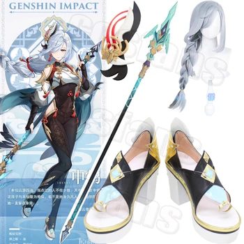 Игровая обувь для косплея Genshin Impact Shen He, парики, пятизвездочное оружие, реквизит ShenHe, Дуэльное копье с длинной ручкой, Деревянная палочка, ботинки на Хэллоуин