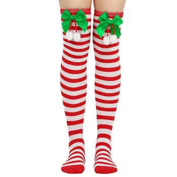 Женские рождественские чулки, красные полосатые длинные носки выше колена с бантом, Мягкие, удобные дышащие женские сексуальные чулки в подарок