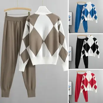 Женский вязаный костюм, женский костюм-двойка, уютный свитер с геометрическим принтом, комплект брюк, Стильный вязаный свитер с высоким воротником и эластичной резинкой на талии для женщин