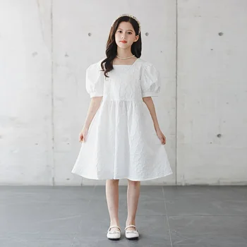 Белое платье для девочек 2024, Летняя Новая Детская Элегантная праздничная одежда, Детское пышное платье принцессы с коротким рукавом, #7317