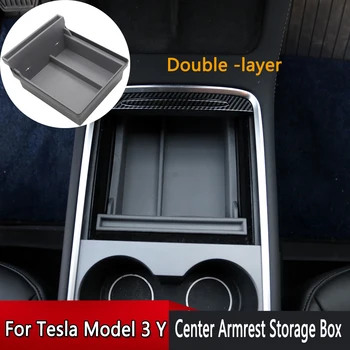 Автомобильный ящик для хранения, центральный подлокотник, органайзер для центральной консоли, двухслойный лоток для Tesla Model 3 Y 2017-2023 Спереди