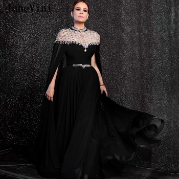 JaneVini 2020 Роскошные Черные мусульманские шифоновые Длинные вечерние платья трапециевидной формы Со стразами и высоким воротом в Дубае Сексуальные вечерние платья