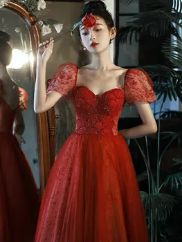 Винно-красные вечерние платья для помолвки, расшитые бисером, Женские платья для выпускного вечера с воротником в виде сердца, с коротким рукавом, длинное вечернее платье в стиле ретро на шнуровке сзади