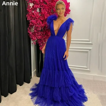 Сексуальные платья для выпускного вечера с глубоким V-образным вырезом Annie, вечерние платья из органзы, синие 2023, длина до земли, Vestidos De Noche