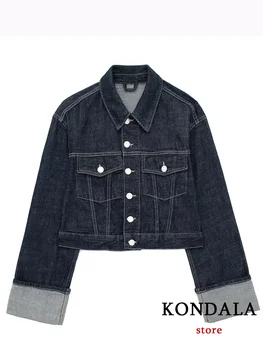 Повседневные шикарные джинсовые женские куртки KONDALA, осеннее пальто с отложным воротником и длинным рукавом, модная осенняя уличная куртка 2023 года,