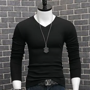 Мужская осенняя модельная футболка, повседневный V-образный вырез, длинные рукава, эластичный фитнес-компрессионный топ, футболка Оверсайз для мужской одежды