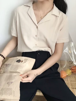 2023 Летняя блузка-рубашка для женщин, модный короткий рукав с V-образным вырезом, Повседневные офисные женские Белые рубашки, топы в Японском Корейском стиле