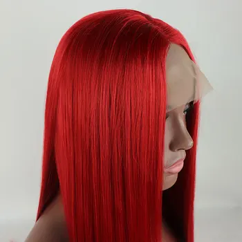 Потрясающие Темно-красные Прямые синтетические парики на кружеве 13X4 без клея из высококачественных термостойких волокон для женщин