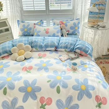 Постельное белье Blue Flower Cherry, мягкий домашний текстиль, наволочка из полиэстера двойного размера, плоское постельное белье