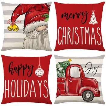 Рождественская декоративная наволочка 45x45 см, льняная наволочка, Рождественская шляпа, красная подушка с принтом автомобиля, чехол для дивана