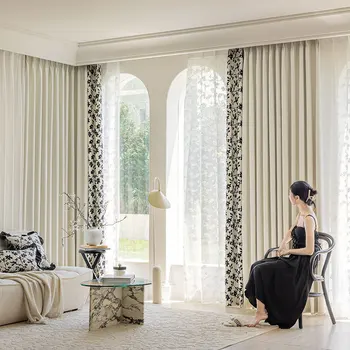 Простые и роскошные тканевые шторы для гостиной с росписью кремовыми слоеными чернилами, двухслойная занавеска для балкона, занавеска с блокировкой цвета