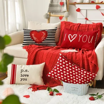 Наволочки на День Святого Валентина, 12x20 дюймов, декор на День Святого Валентина, красные, белые полосы, точки, подушки с сердечками, декор для подушек