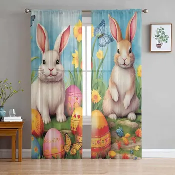 Кролик, акварельный цветок, Пасхальное яйцо, весенние прозрачные шторы для гостиной, тюлевые оконные панели, шторы для спальни из вуалевой пряжи