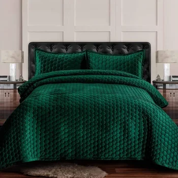 Королевское Стеганое одеяло из трех частей, Сшитое в виде Сот, Включает В себя 1 Стеганое одеяло Большого размера и 2 Наволочки из искусственного Бархата Изумрудно-зеленого Цвета.