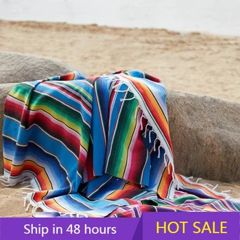 Плед в этническом стиле для кемпинга, пикника, пляжа, Вязаное одеяло, полотенце, Пледы ручной работы в полоску с кисточками