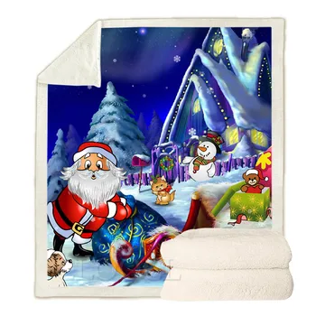 Рождественские одеяла HX с Мультяшным принтом Саней Санта-Клауса и Снеговика, Двухслойное Рождественское одеяло, Согревающее Плюшевые одеяла