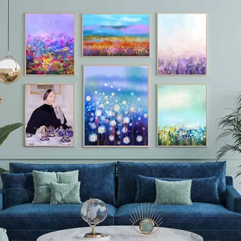 Настенное искусство, картина на холсте, Мечтательный фиолетовый пейзаж, Винтажная девушка-цветок для украшения гостиной, плакаты и принты, настенные рисунки