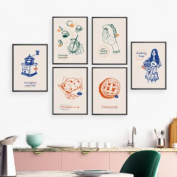 Еда и напитки Набор для рисования на стене, принты, постер с кофемолкой, коктейльное минималистичное искусство, картина на холсте, картинки с кексами, декор кухни