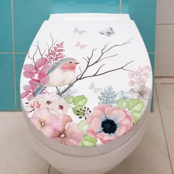 Наклейка на туалет, водонепроницаемые наклейки на стену на крышке унитаза с рисунком птиц и цветов для домашнего декора ванной комнаты decoración hogar