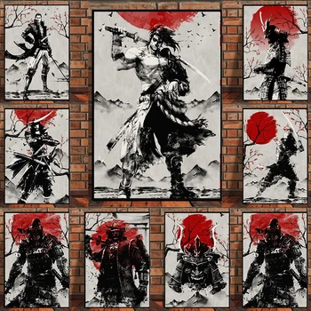 Японский самурай, рисование тушью, плакаты, принты на холсте, аниме, Японская броня, настенные художественные картины для домашнего декора гостиной