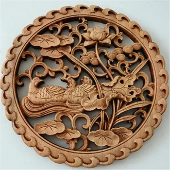 Китайская скульптура утки-мандаринки ручной работы, круглая настенная скульптура из камфорного дерева