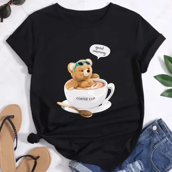Верхняя базовая новая футболка с коротким рукавом, летняя одежда с принтом, модная повседневная футболка с забавным рисунком мультяшного медведя.