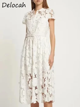 Delocah, Высококачественное Летнее Женское Модное Белое платье для подиума, короткий рукав, пояс, выдалбливают, Однобортные рубашки, платья в стиле