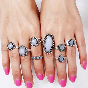 Новое поступление, 8 шт./компл., винтажное кольцо среднего размера серебристого цвета, коктейльное кольцо из смолы с камнем-опалом для женщин
