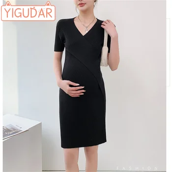 Модное новое трикотажное платье для беременных с V-образным вырезом 2024, летнее облегающее платье для беременных средней длины с короткими рукавами для женщин