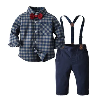 Костюмы для джентльменов для маленьких мальчиков, детская Официальная одежда, Клетчатая рубашка с длинным рукавом и лацканами на пуговицах, Комплекты брюк на подтяжках