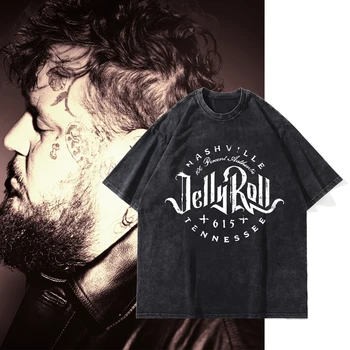 Винтажные выстиранные мужские футболки Jelly Roll 2023, футболка с принтом альбома Tour Nashville, повседневные рубашки в стиле Кантри, топы