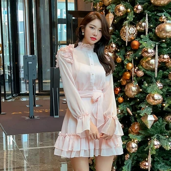 Корейская версия Платье принцессы Сладкого Темперамента 2024 Новое Тонкое платье с кружевной сеткой вокруг шеи Vestidos